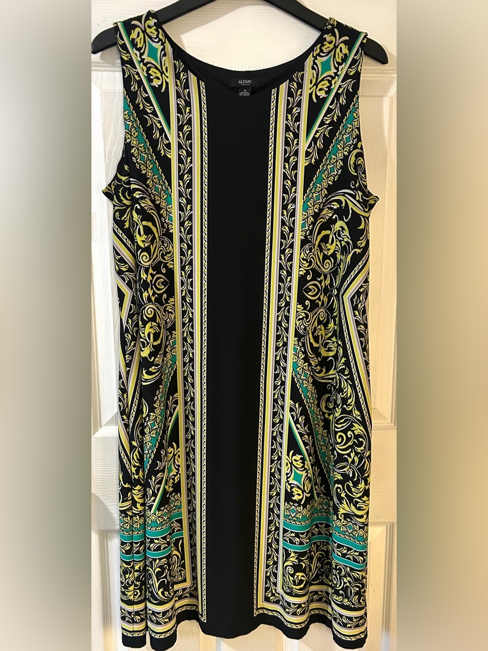 Alfani Woman Sheath Dress Sleeveless Slimming Knee Length Black/Yellow/Teal 1X